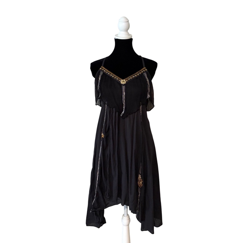 Free People Black Beaded Embroidered Dress Small Boho Festival Asymmetrical